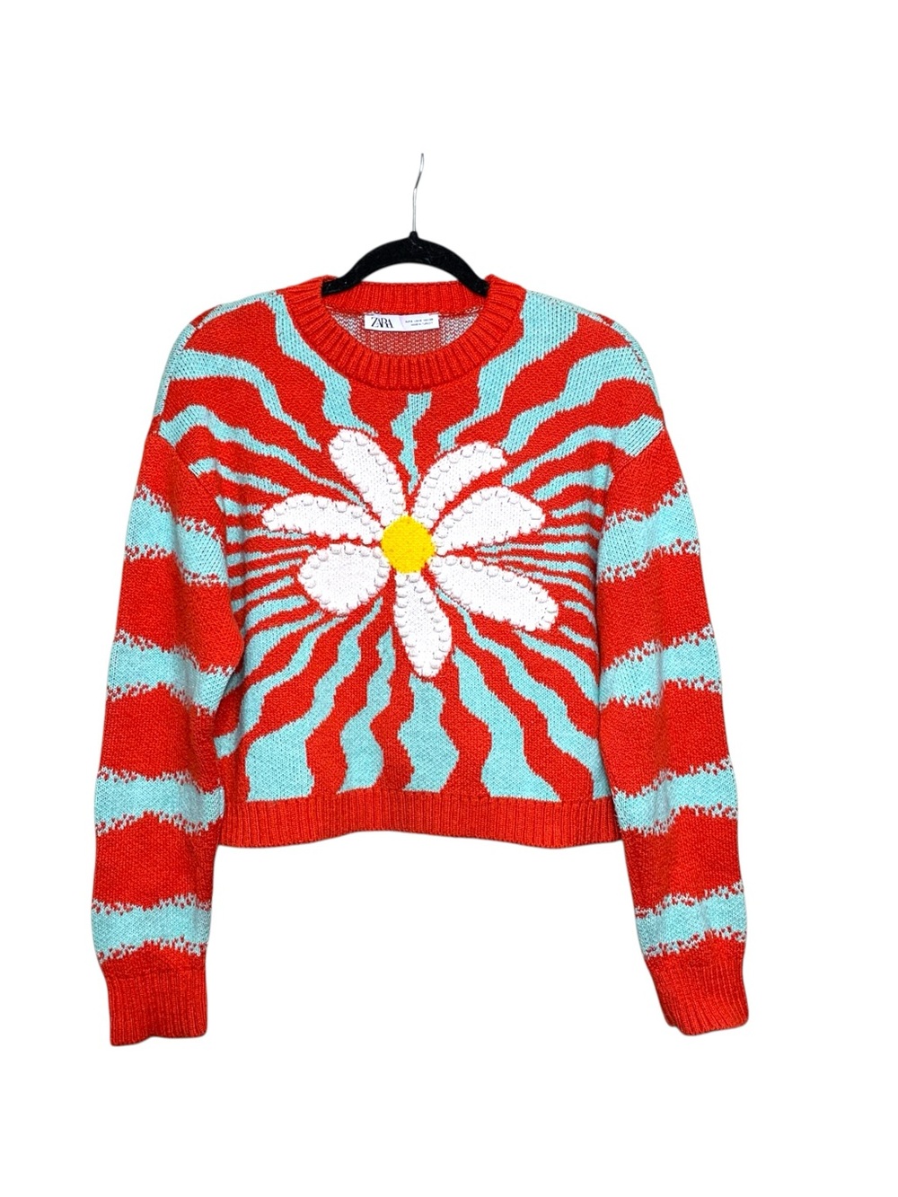 Zara Knit Crewneck Sweater Red & Aqua Daisy Graphic Sz S Funky Colorful Top